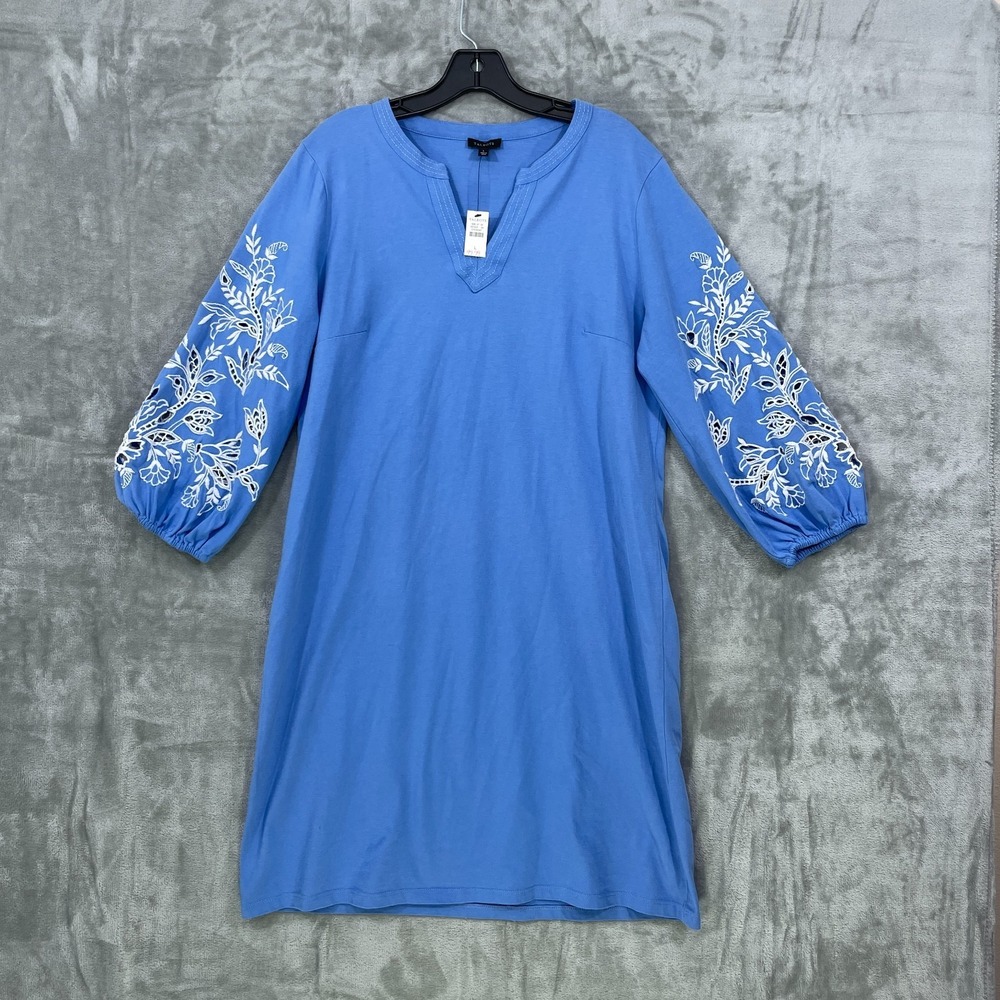NWT Talbots Embroidered Shift Dress Size L  100% Cotton Knee Length Blue NEW